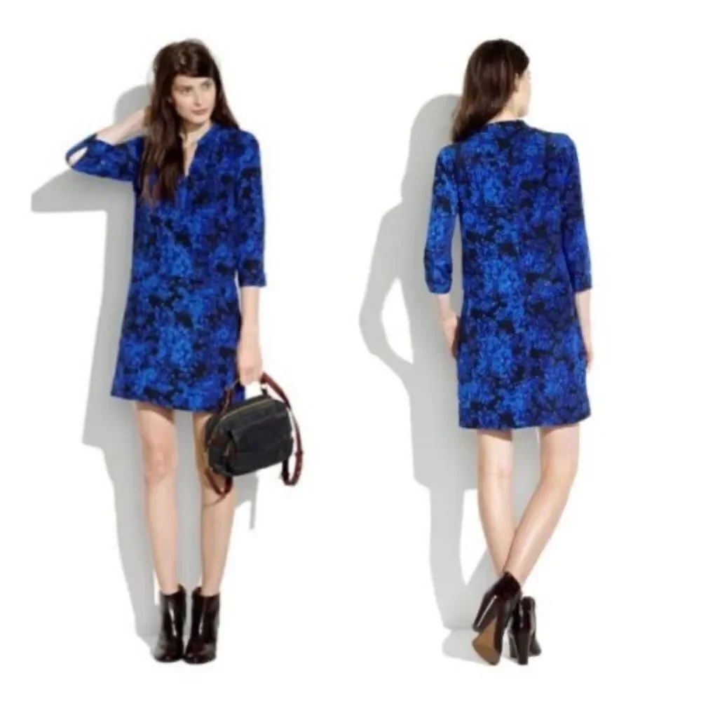 Madewell Womens Silk Blue Floral Long Sleeve Shift Dress Pockets Size Small